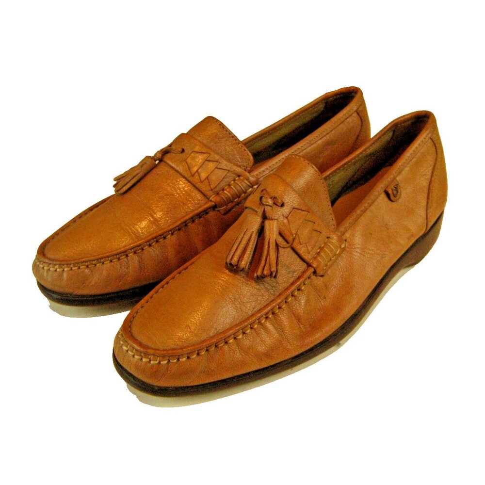 Mens French Shriner Tan Leather Tassle Dress SlipOn Moc Toe Loafer Shoes sz 8.5W